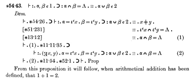 Una pequeña parte de la prueba larga de que 1 + 1 = 2 en Principia Mathematica